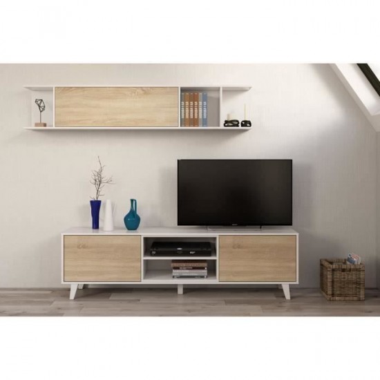 Dennis meuble tv (Zaiken) scandinave blanc brillant et décor chêne – l 180 cm