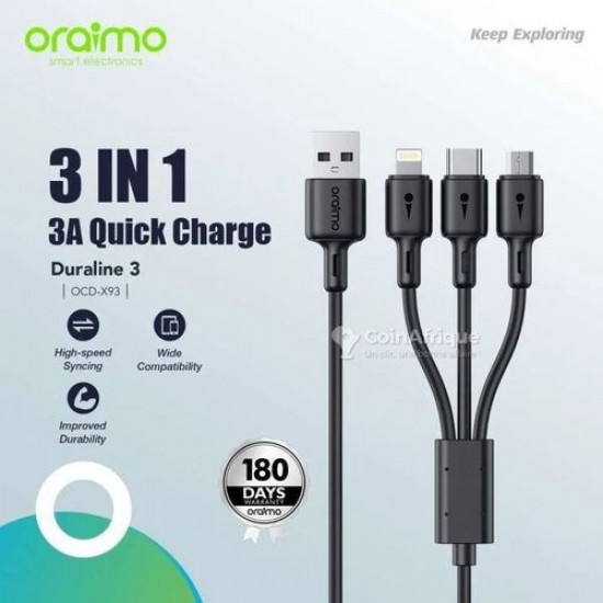 Oraimo Câble 3IN1 - LIGHTNING (iPhone) - MICRO USB - Type-C - ORAIMO DURA LINE 3 OCD-X93