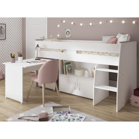 Reverselit enfant industriel 90 x 200 cm + bureau + rangement- blanc avec sommier en structure acier et bois contreplaqué 2270COMB CC0040.