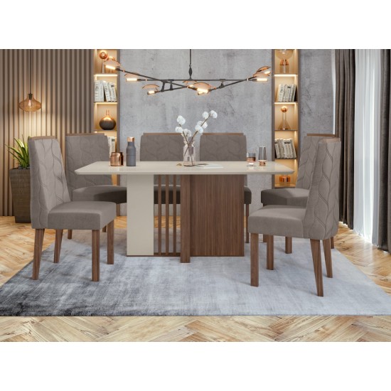 Astrid table 1,70 – c/tampo cant.copo vidro off wh imbuia naturale/off white+ astrid chair – suede animale beige fabric imbuia naturale