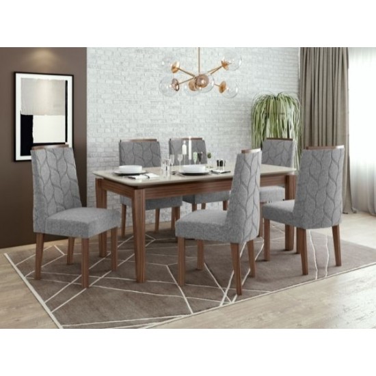 Aries table 1,80 m – imbuia naturale/off white+ Astrid chair – linho cinza fabric imbuia naturale
